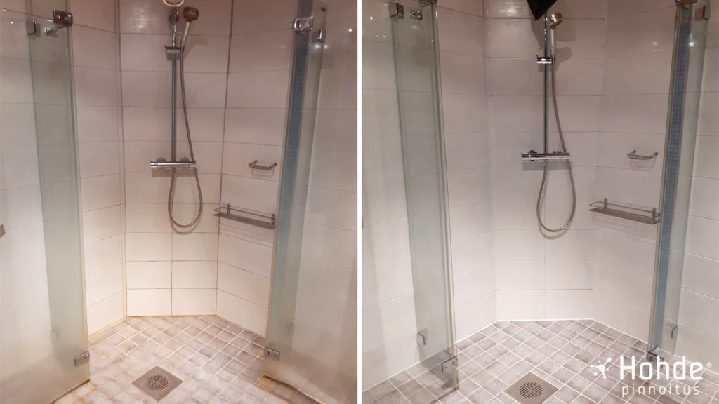 kylpyhuone ennen ja jälkeen Hohdepinnoituksen käsittelyn