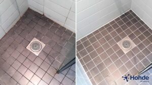 Vasemmalla laattalattia ennen saumojen uusimista, oikealla laattalattia uusilla silikonisaumoilla