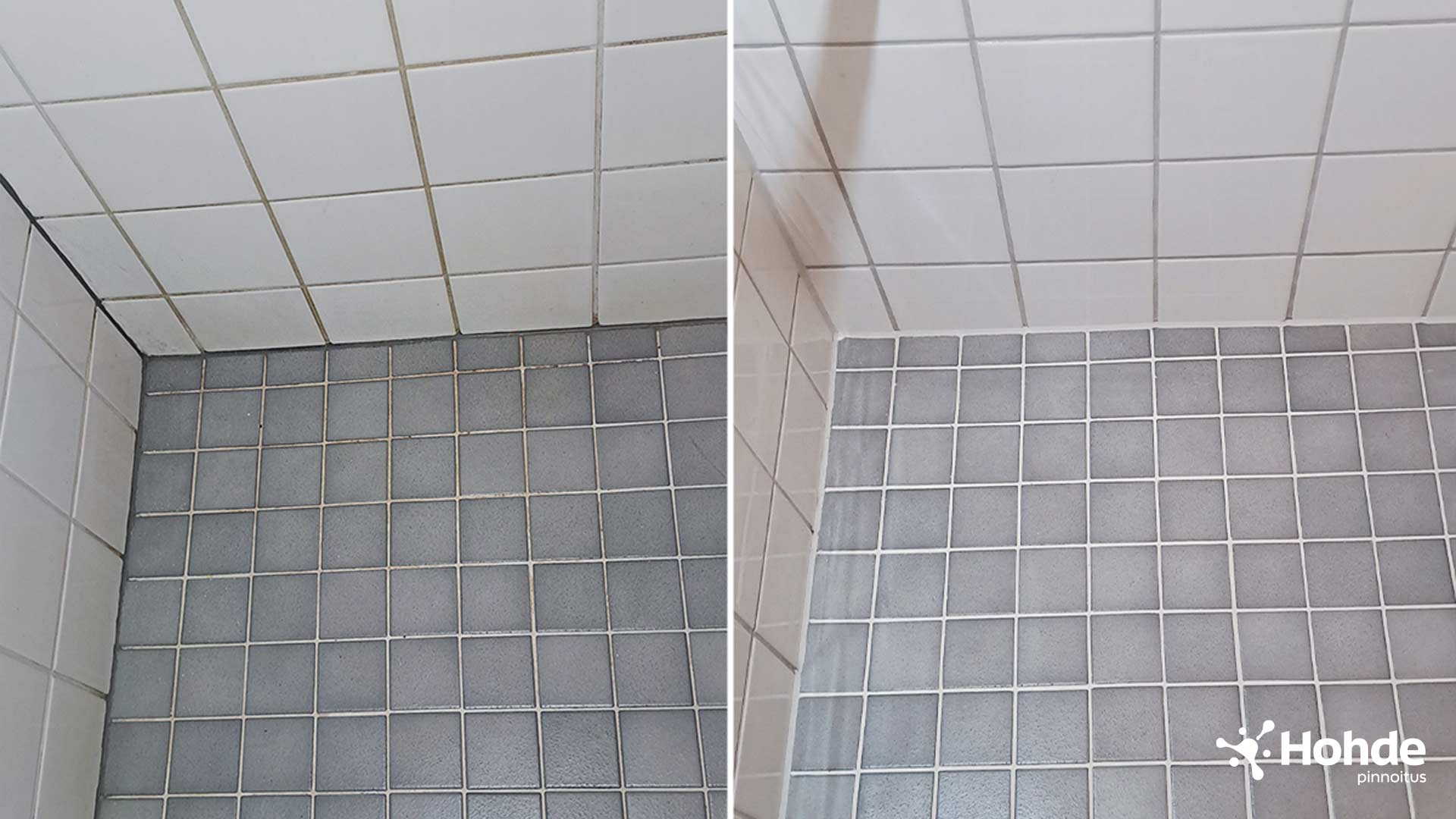 Ennen ja jälkeen kuva: vasemmalla mustahomeen ja pinntyneen lian tummentamia kylpyhuoneen lattialaattoja, oikealla puhtaat ja valkoiset, uusitut laattasaumat